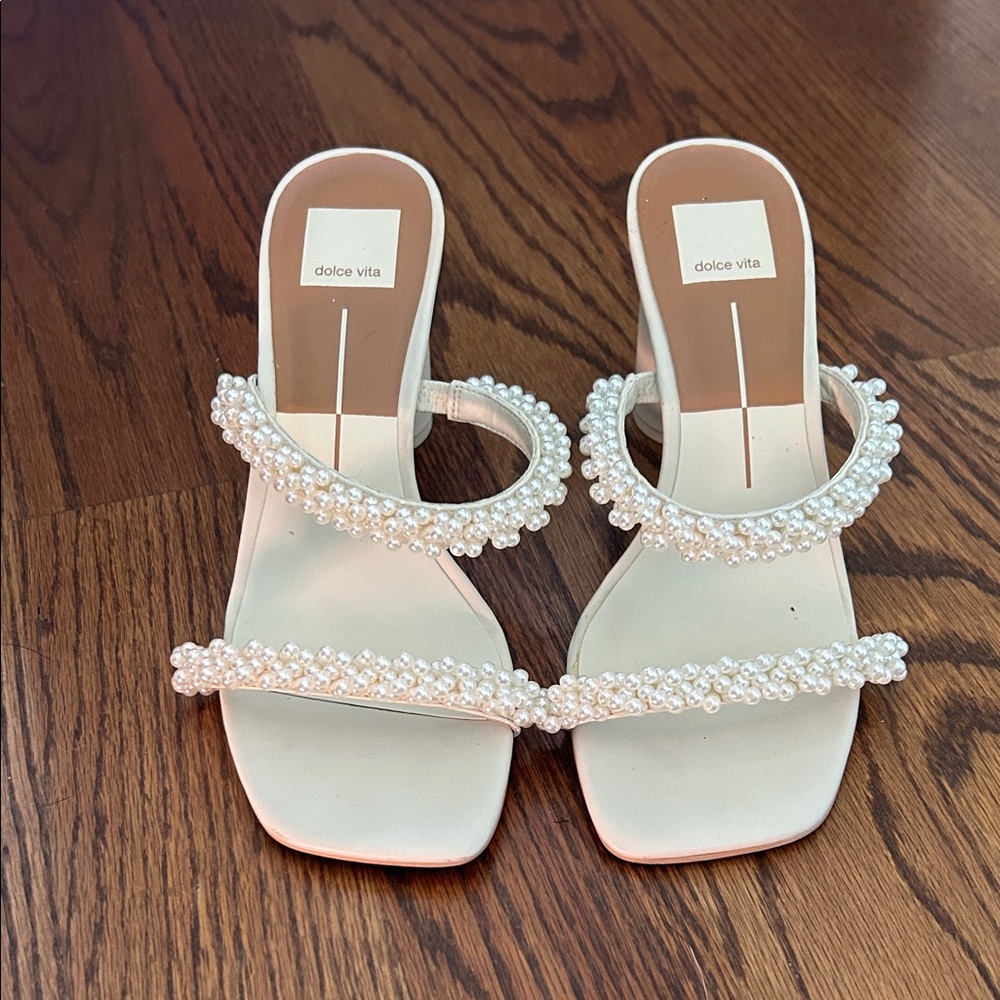 Dolce Vita Pearl-Adorned Cream Sandals